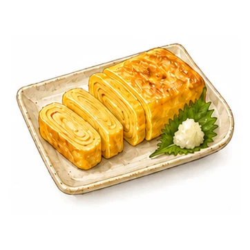 In Scheiben geschnittenes japanisches Rollomelett mit feinen Eierschichten